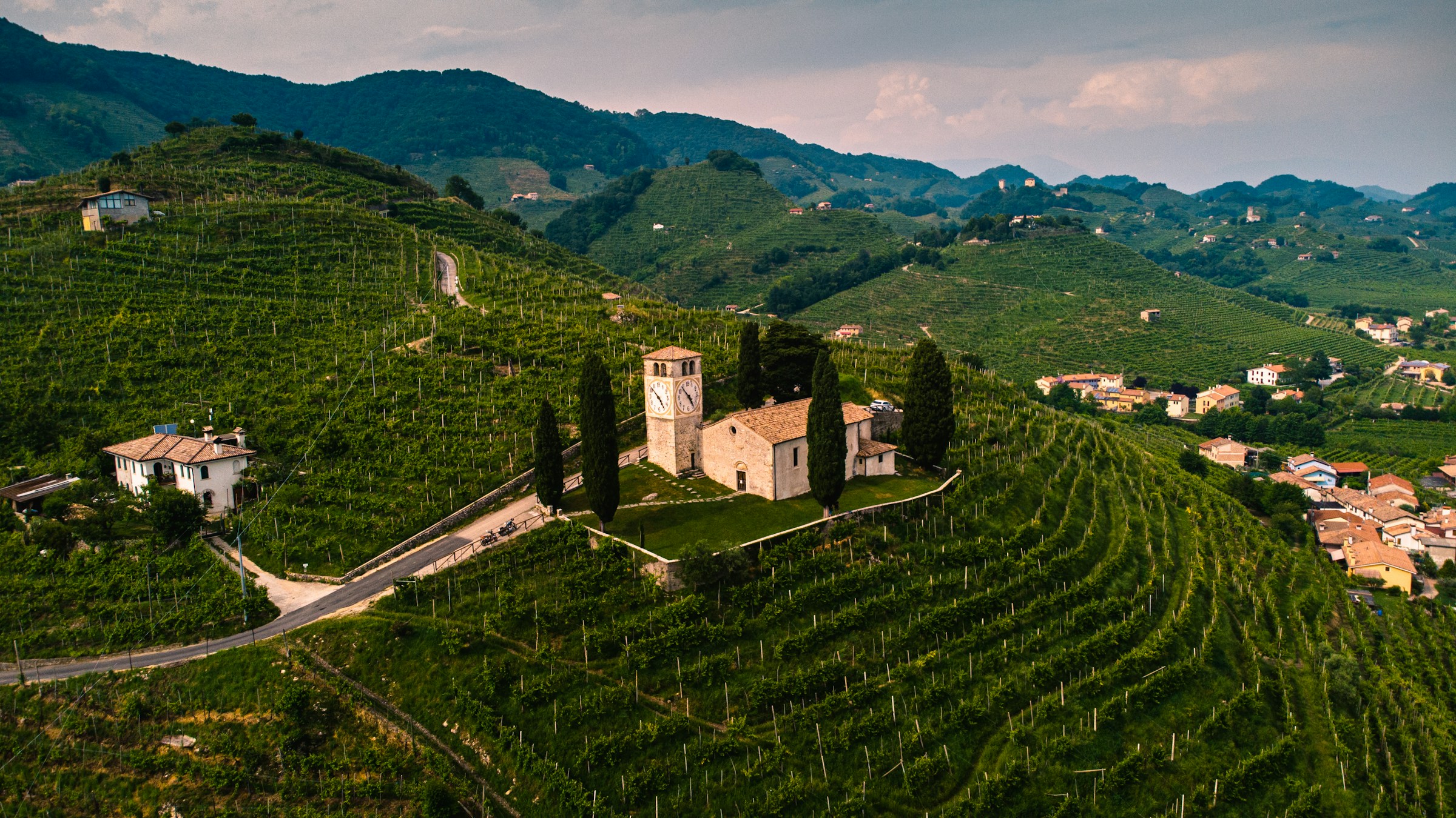 Ariel view photo of a winery surrounded by vineyards, by Alberto Caliman from Unsplash